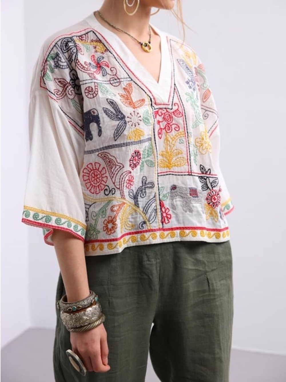 Zara Embroidered V-Neck Cotton Top - Multicolor Medium